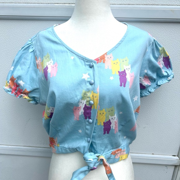 ModCloth X Collectif Cat Top Women L 10 Blue Multi Tie Button Front Puff Sleeves - Picture 12 of 13